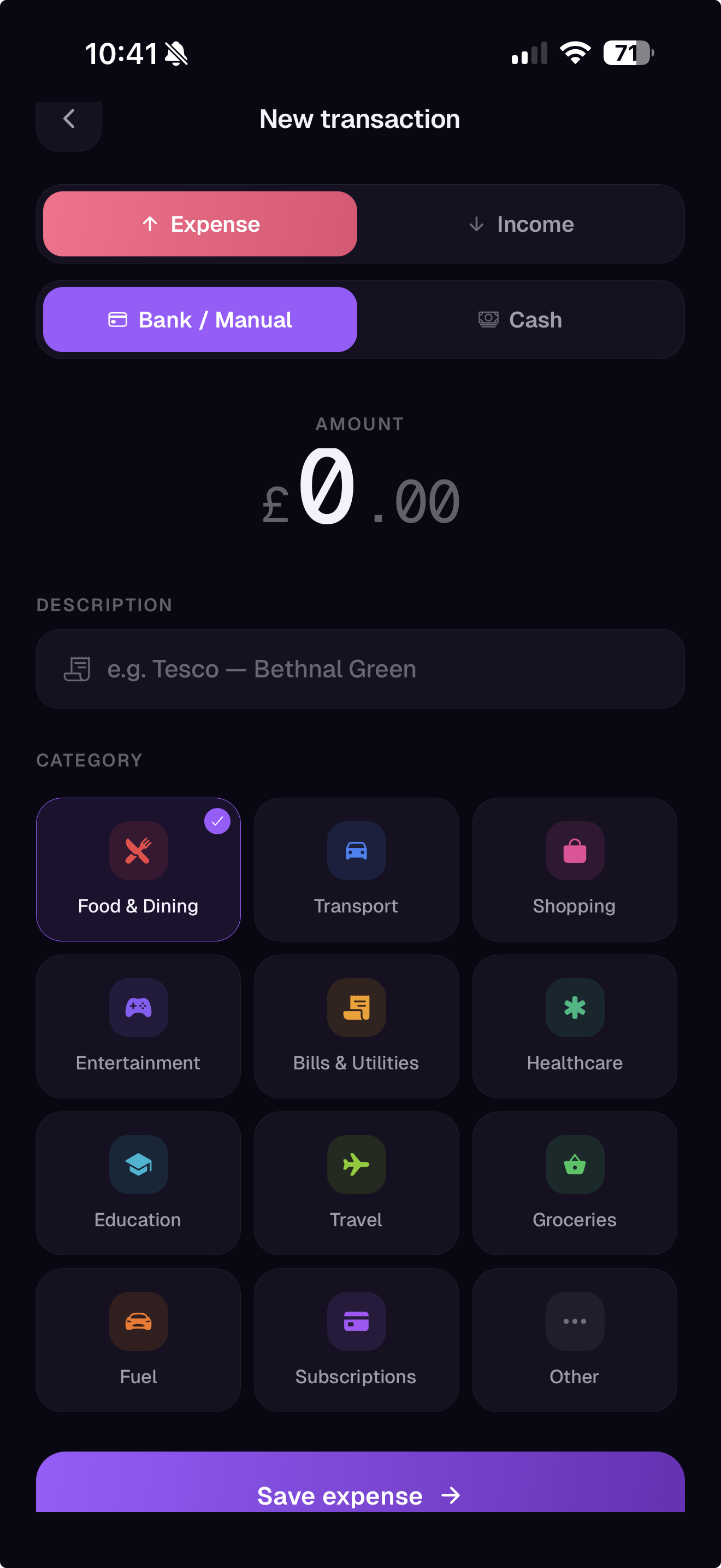 Expenzez — Add cash & side income manually